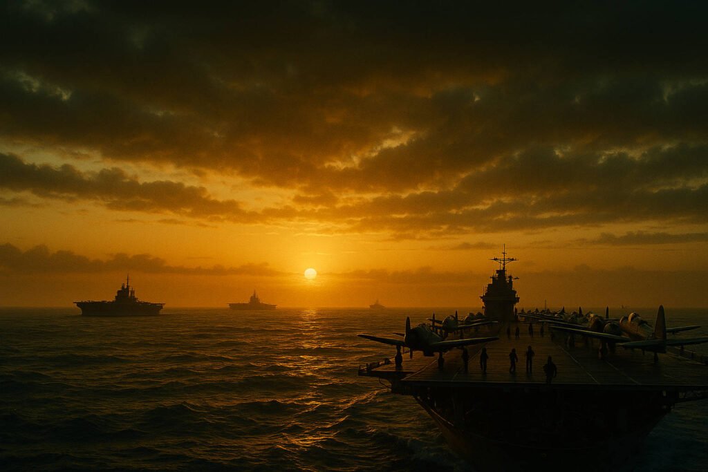 Porta-aviões americanos e japoneses ao amanhecer de 4 de junho de 1942 preparando aeronaves para a Batalha de Midway.