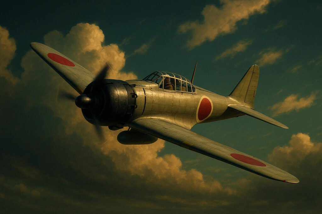 Caça Mitsubishi A6M2 Zero em voo durante a Batalha de Midway com marcações japonesas hinomaru.