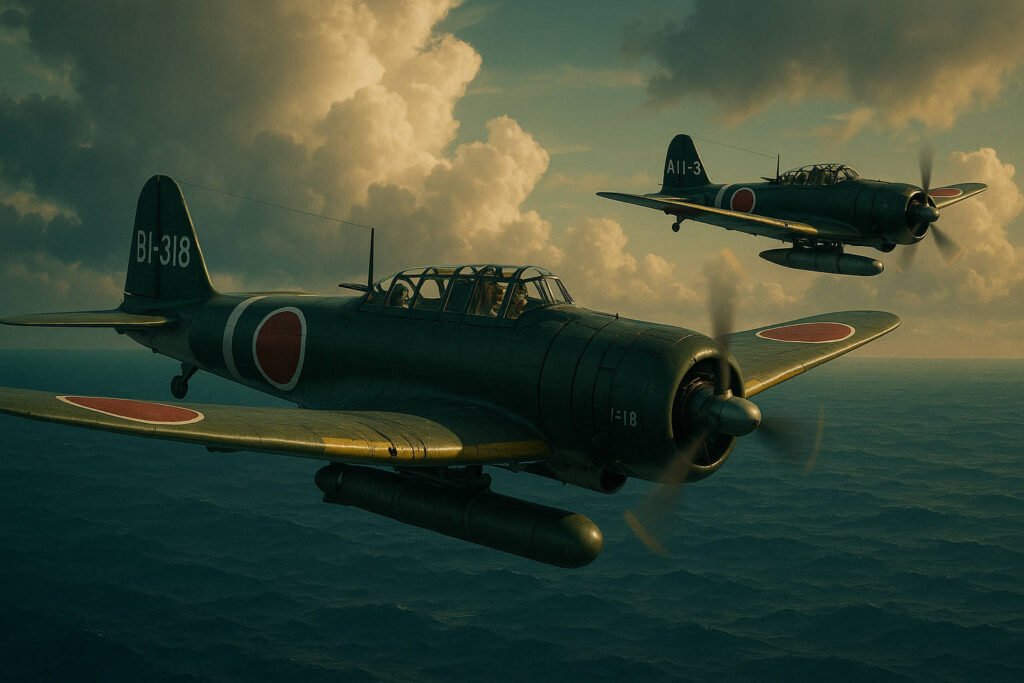 Bombardeiros japoneses Nakajima B5N Kate e Aichi D3A Val em formação sobre o Pacífico durante a Batalha de Midway.