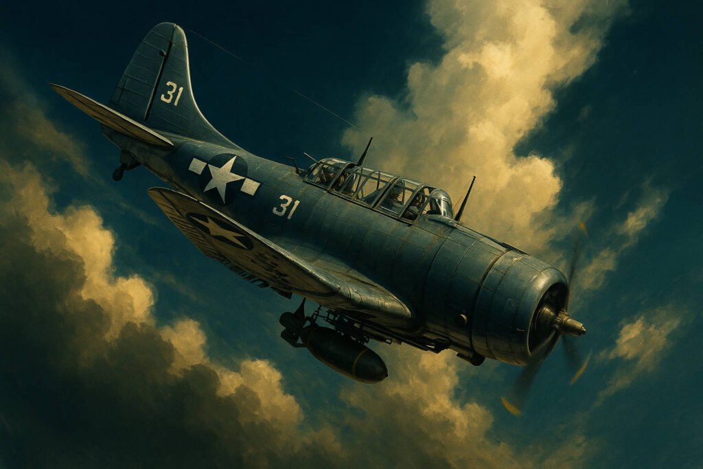 Bombardeiro de mergulho Douglas SBD Dauntless atacando em mergulho vertical durante a Batalha de Midway.