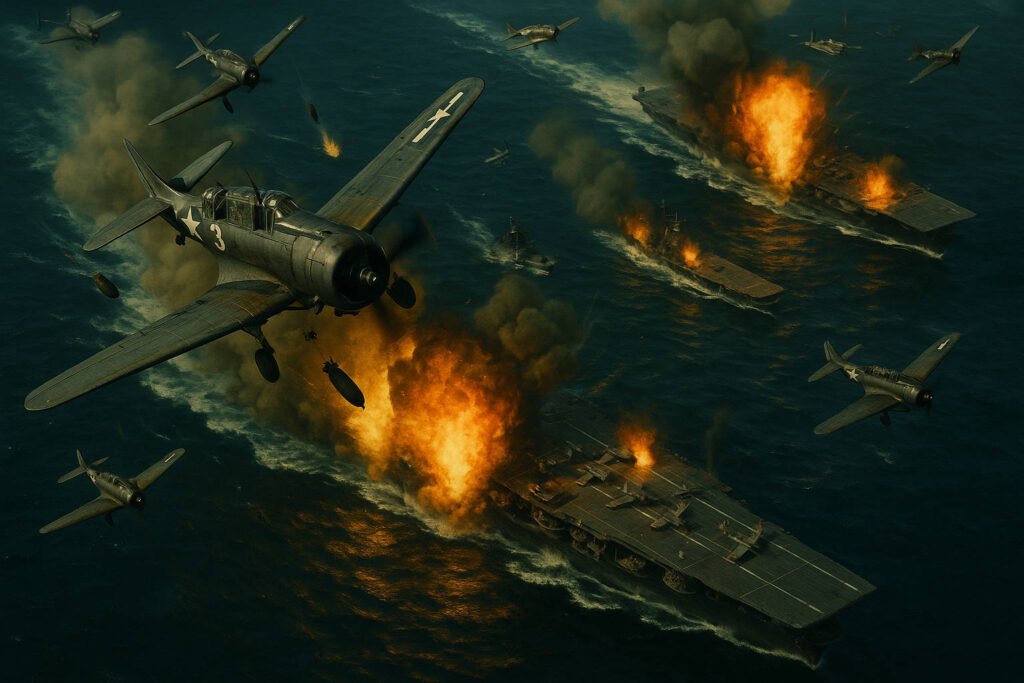 Ataque de bombardeiros Dauntless aos porta-aviões japoneses durante os cinco minutos decisivos da Batalha de Midway.