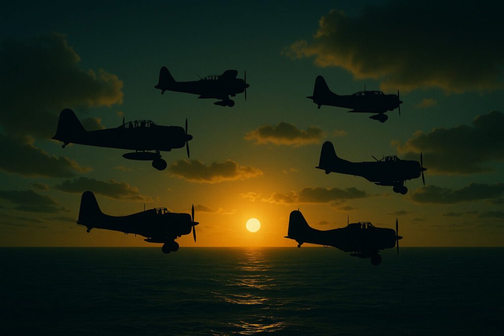 Silhuetas de aeronaves da Batalha de Midway em formação memorial ao pôr do sol sobre o Oceano Pacífico.