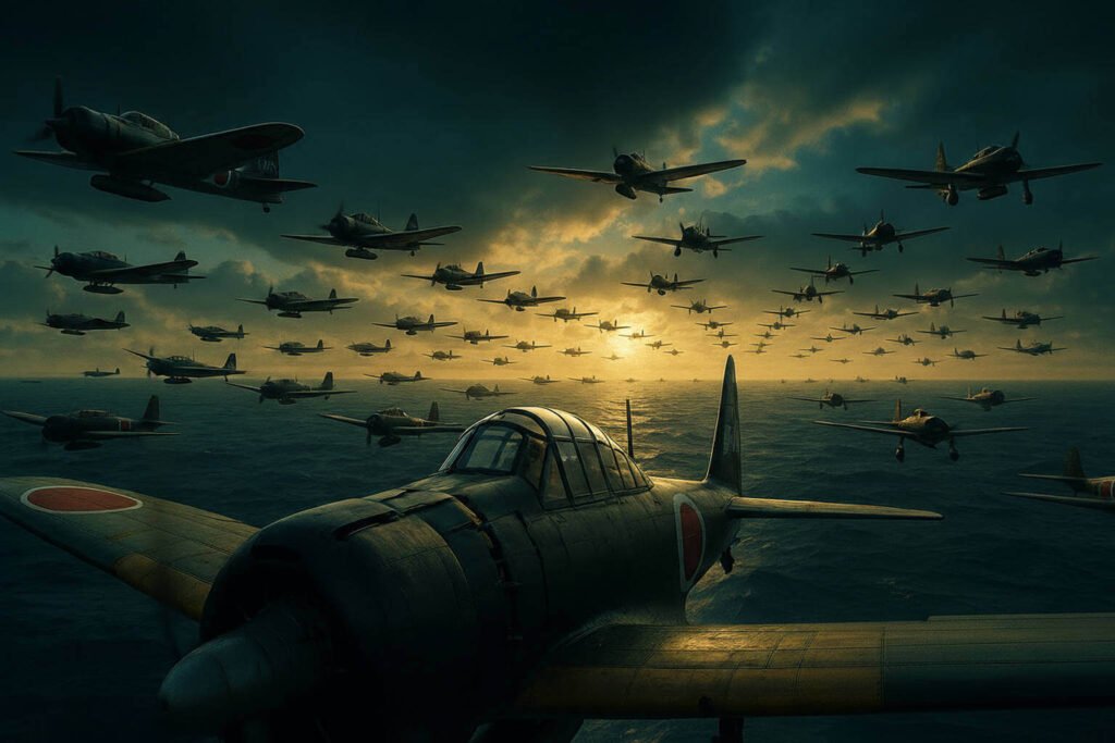 Formação de 353 aviões japoneses Zero, Kate e Val voando em direção a Pearl Harbor ao amanhecer.