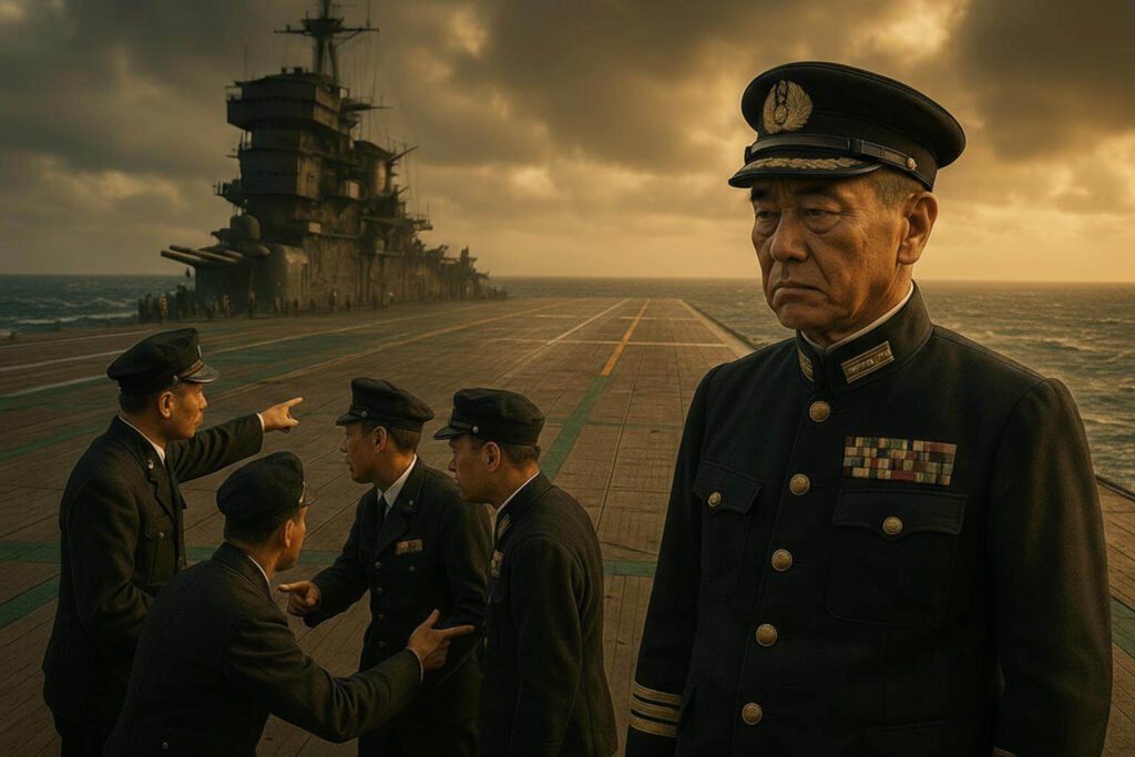 Vice-Almirante Nagumo no convés do porta-aviões Akagi observando retorno de aeronaves após ataque a Pearl Harbor.