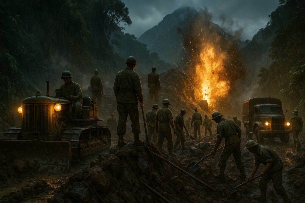 Engenheiros militares americanos construindo a Estrada de Ledo na Birmânia com tratores e trabalho manual em meio à lama.