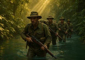 Patrulha de soldados Chindits britânicos em uma missão de guerra na selva durante a Campanha da Birmânia na Segunda Guerra Mundial.