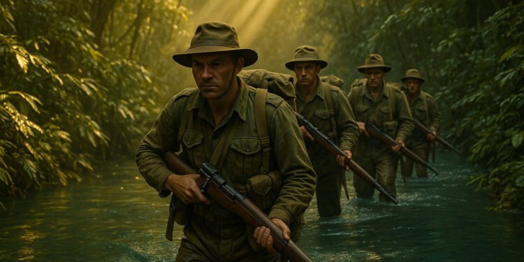 Patrulha de soldados Chindits britânicos em uma missão de guerra na selva durante a Campanha da Birmânia na Segunda Guerra Mundial.