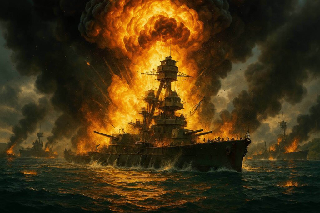 Explosão catastrófica do USS Arizona em Pearl Harbor com cogumelo de fogo e marinheiros saltando ao mar.