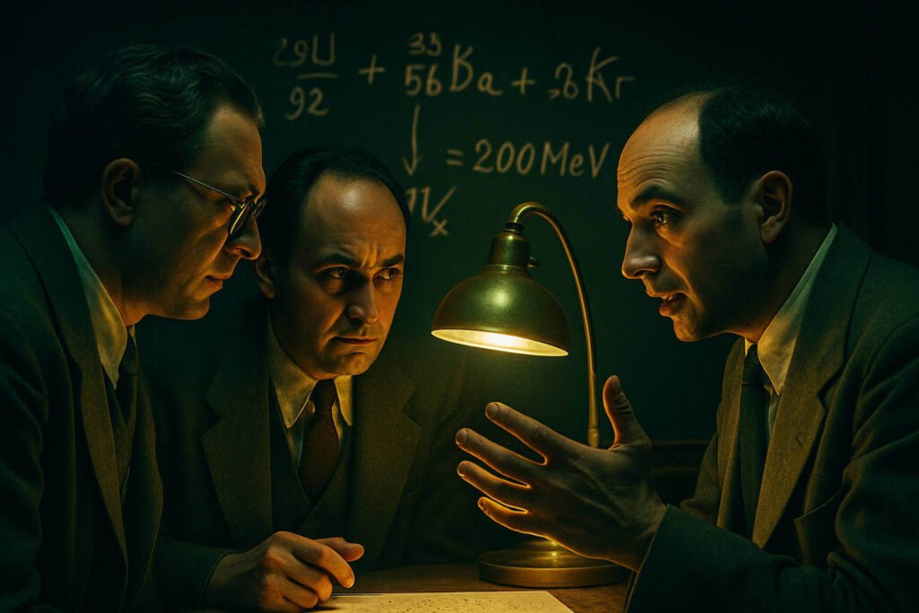 Cientistas do Projeto Manhattan, como Leó Szilárd e Enrico Fermi, debatem fervorosamente em frente a um quadro-negro com equações nucleares.