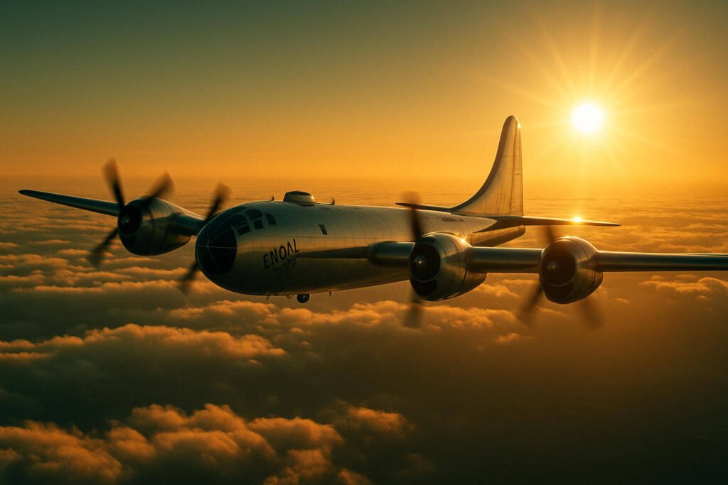 O bombardeiro B-29 Enola Gay voa solitário em direção a Hiroshima, com o sol nascente dourado refletindo em sua fuselagem prateada.