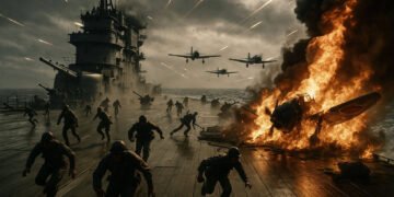 Ataque ao convés de um porta-aviões japonês durante a Batalha de Midway.