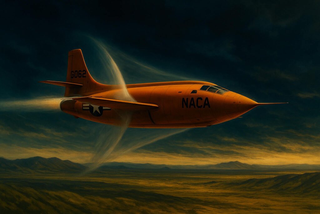 Bell X-1 rompendo a barreira do som em 14 de outubro de 1947 sobre o deserto da Califórnia com ondas de choque visíveis.