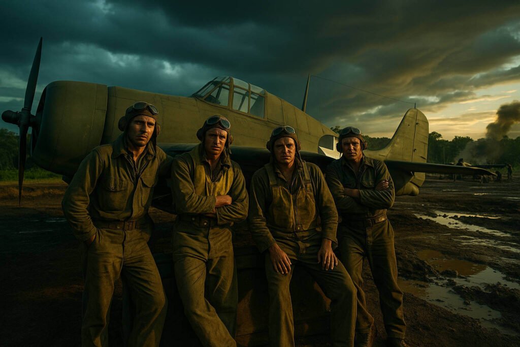 Pilotos da Cactus Air Force em frente a um caça F4F Wildcat em Henderson Field, Guadalcanal, 1942.