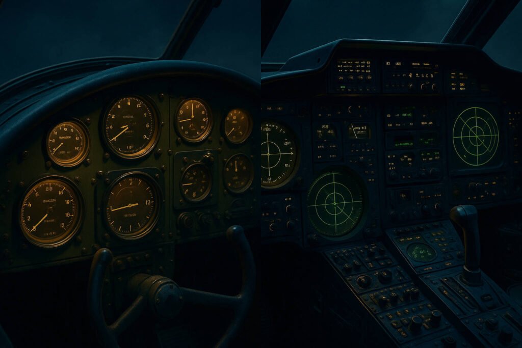 Comparação entre cockpit de aeronave a pistão e cockpit de jato inicial mostrando a evolução tecnológica.