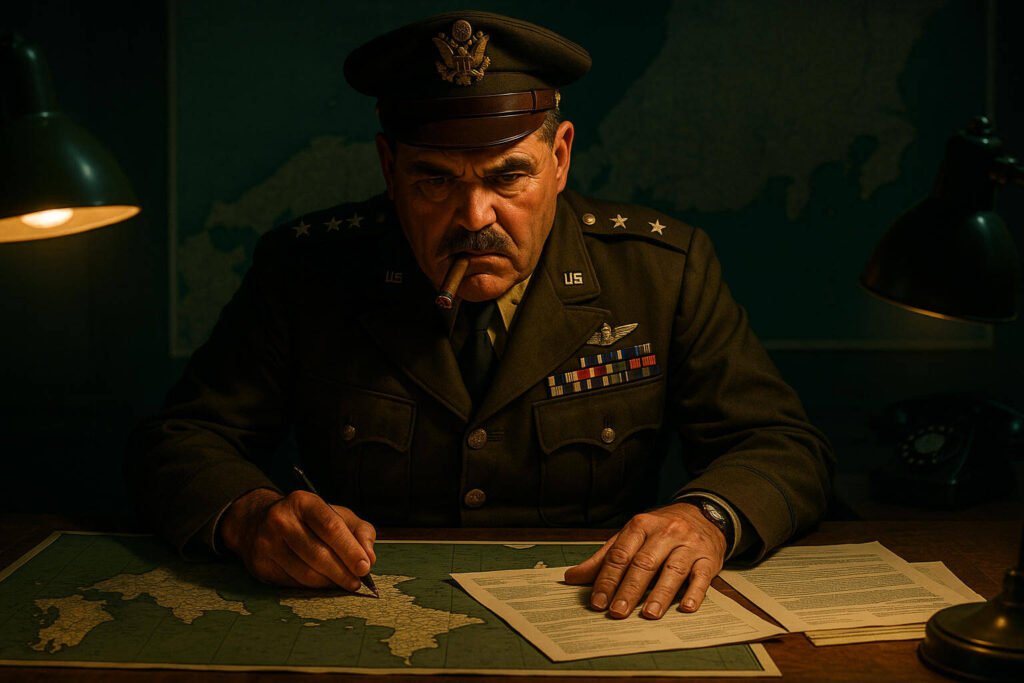 General Curtis LeMay analisando mapas estratégicos em sala de operações durante a Segunda Guerra Mundial em 1945.