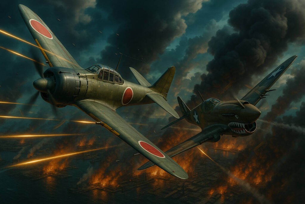 Combate aéreo entre caça P-40 Warhawk americano e Zero japonês sobre Pearl Harbor em chamas.