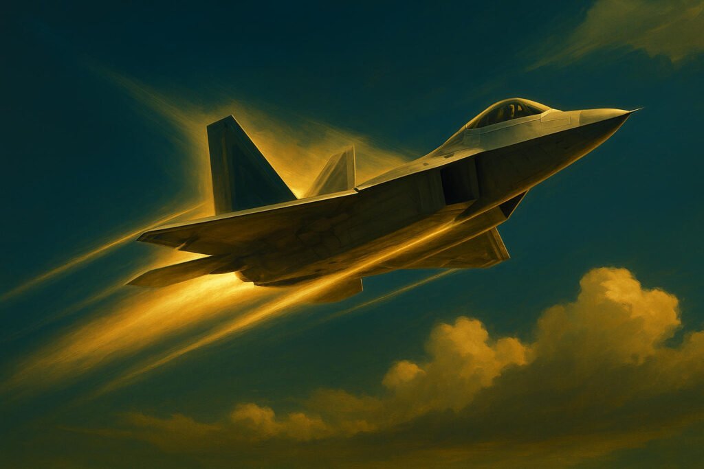 F-22 Raptor de quinta geração em voo supersônico representando o legado da era de transição.
