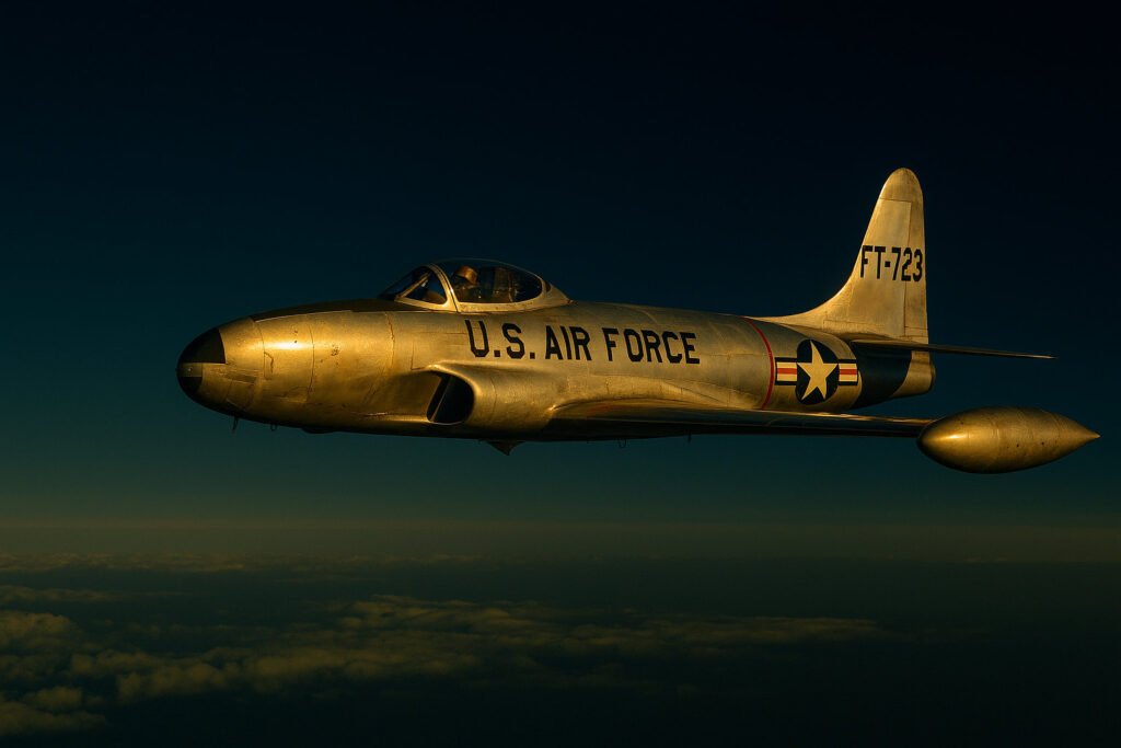 F-80 Shooting Star em voo em altitude extrema mostrando os novos desafios operacionais dos jatos.