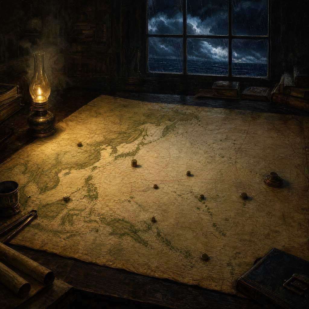Mapa estratégico do Leste Asiático e do Pacífico iluminado por uma lamparina, simbolizando a expansão imperial que antecedeu Pearl Harbor.