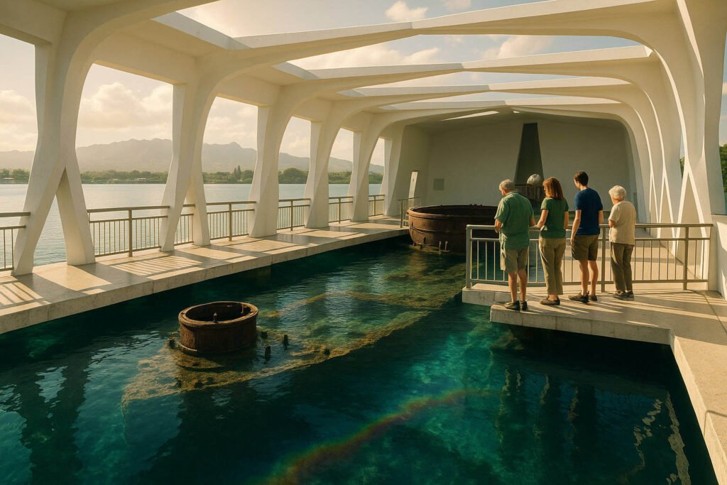 USS Arizona Memorial moderno sobre destroços submersos do navio em Pearl Harbor.