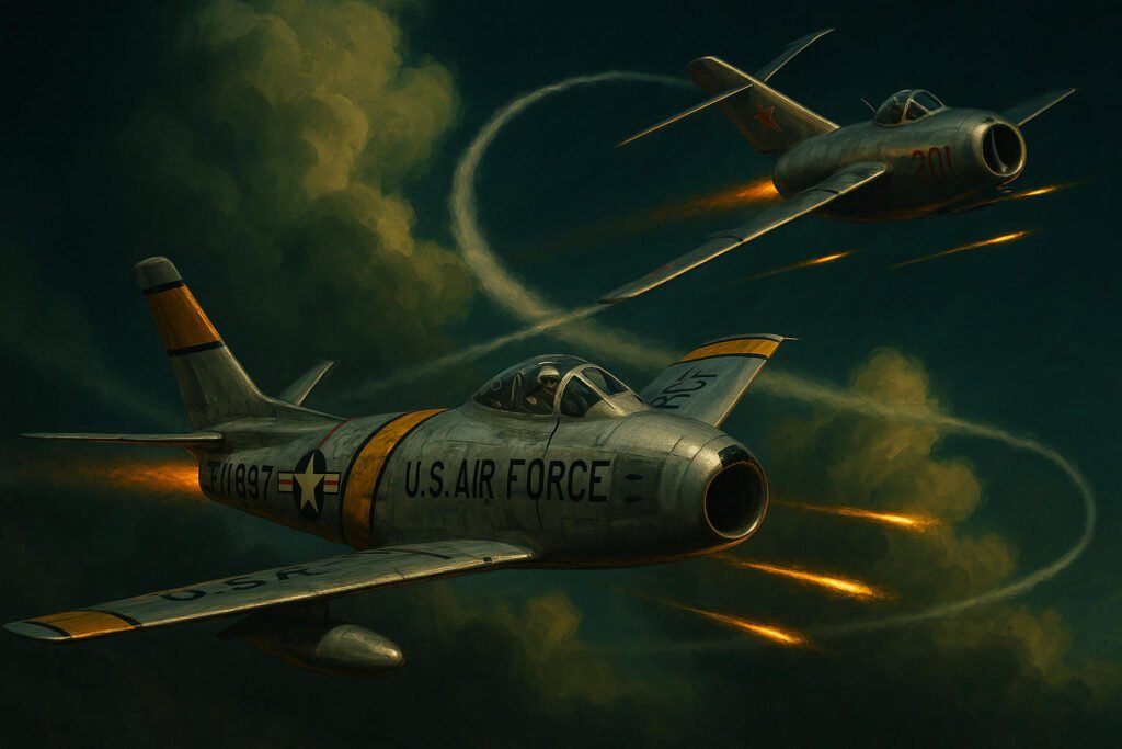Combate aéreo entre F-86 Sabre e MiG-15 sobre a Coreia durante a Guerra da Coreia 1950-1953.