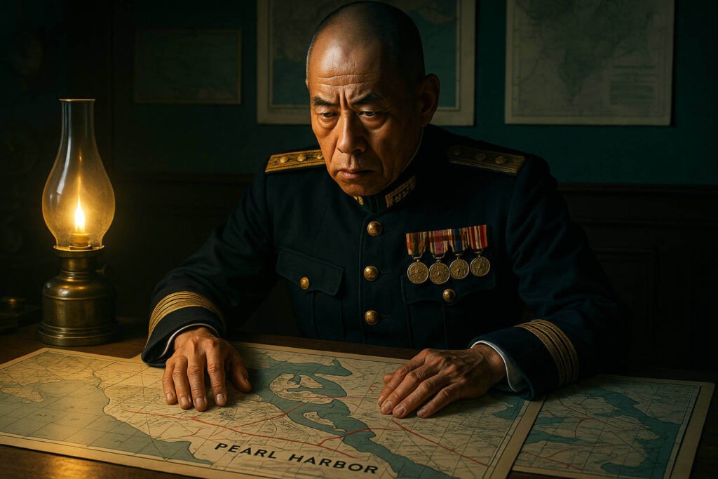 Almirante Isoroku Yamamoto estudando mapas de Pearl Harbor em sala de guerra da Marinha Imperial Japonesa.