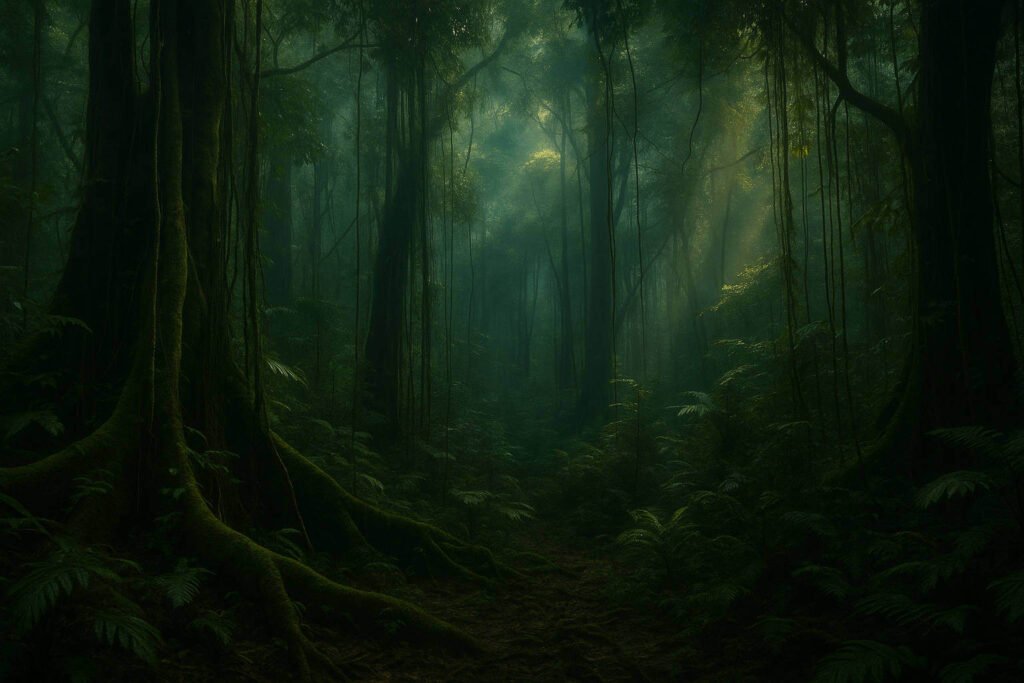 Interior da selva impenetrável da Birmânia, mostrando a densa vegetação e a atmosfera opressiva.