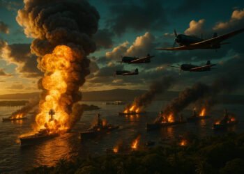 Vista aérea do ataque a Pearl Harbor em 7 de dezembro de 1941 com USS Arizona explodindo e aviões japoneses em formação.