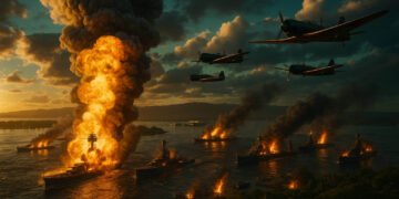 Vista aérea do ataque a Pearl Harbor em 7 de dezembro de 1941 com USS Arizona explodindo e aviões japoneses em formação.