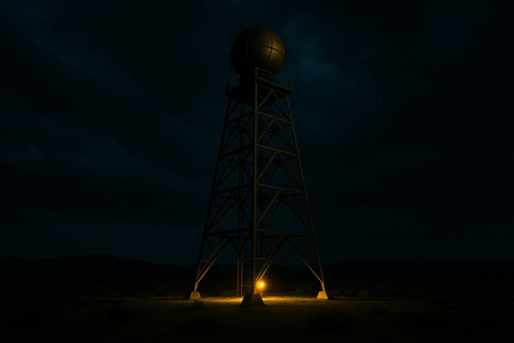 O dispositivo "The Gadget" no topo de uma torre de aço no deserto do Novo México, momentos antes da detonação do teste Trinity.