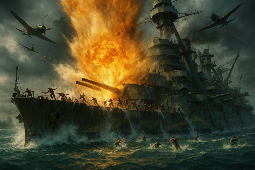Torpedo japonês atingindo o USS Oklahoma durante o ataque a Pearl Harbor com explosão e marinheiros em pânico.