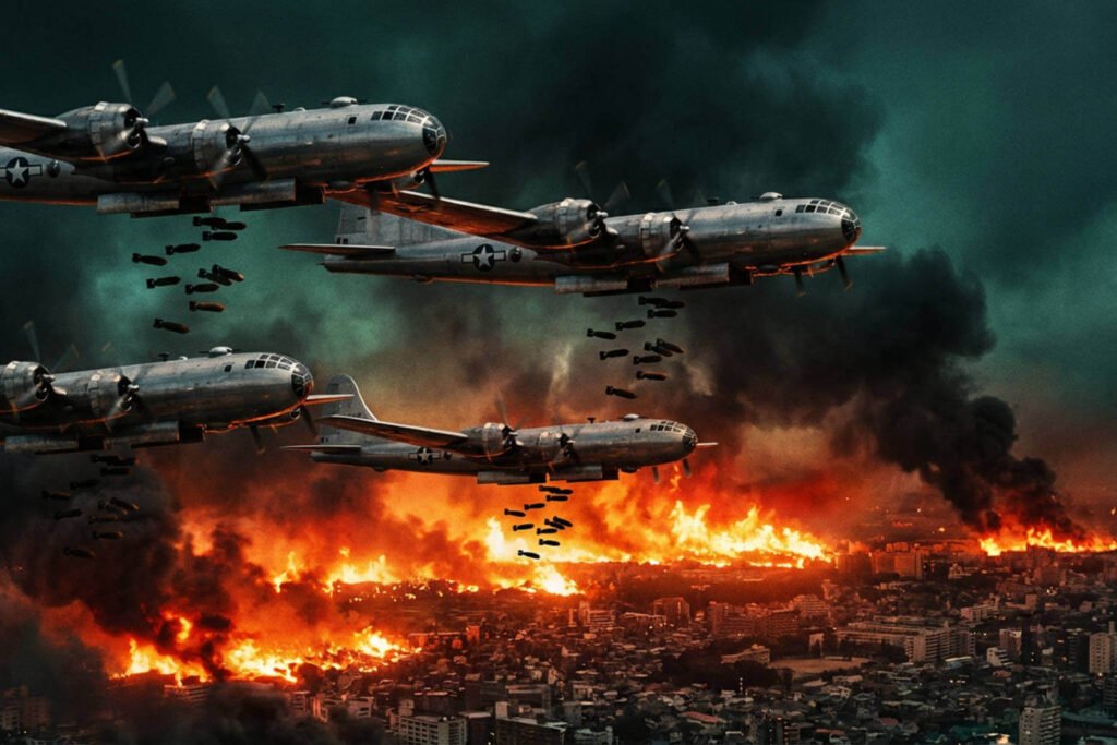 Quatro bombardeiros B-29 Superfortress em formação lançando bombas incendiárias sobre Tóquio durante a Operação Meetinghouse em março de 1945, com tempestade de fogo consumindo a cidade abaixo.