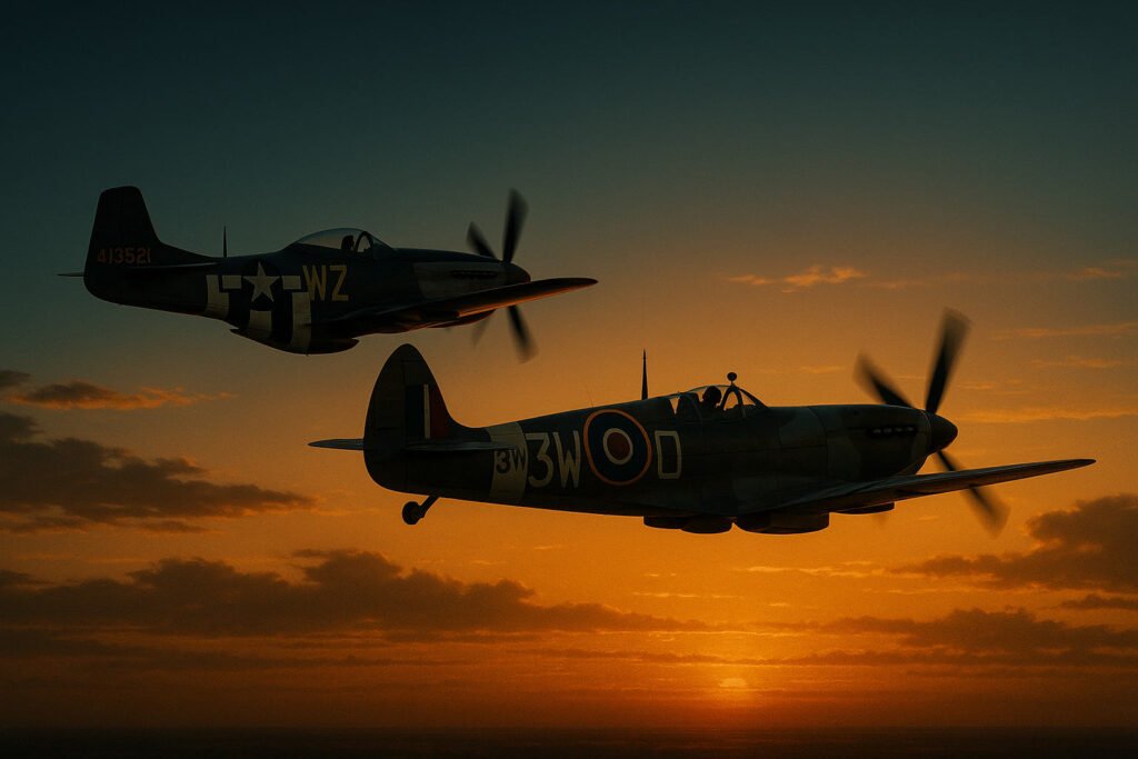 P-51 Mustang e Supermarine Spitfire em formação ao pôr do sol representando o ápice da aviação a pistão.