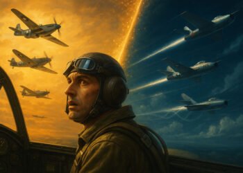 Piloto militar contemplando a transição entre aeronaves a pistão e jatos durante a era de transformação da aviação militar.