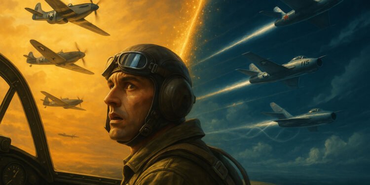 Piloto militar contemplando a transição entre aeronaves a pistão e jatos durante a era de transformação da aviação militar.