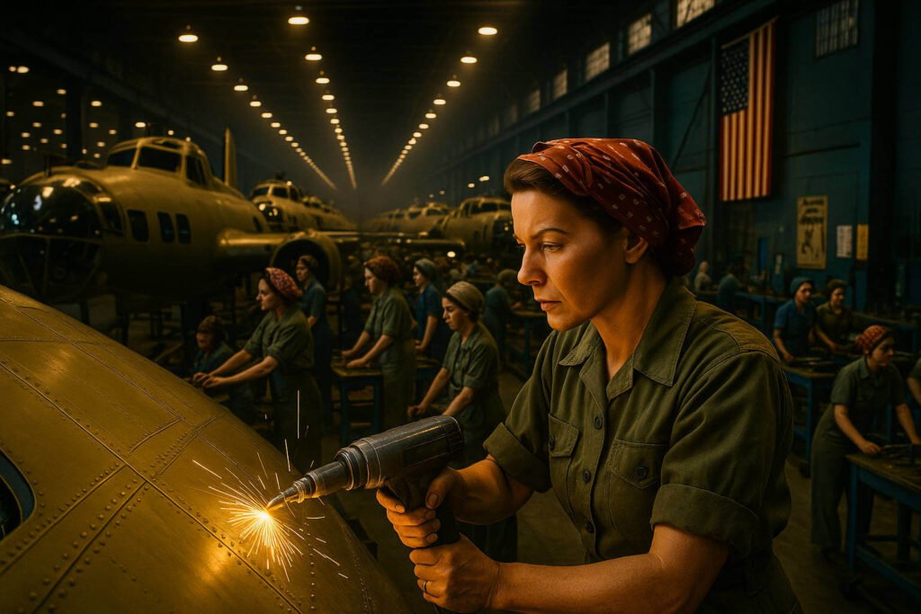 Mulheres trabalhadoras montando bombardeiros B-17 em fábrica americana durante a Segunda Guerra Mundial.