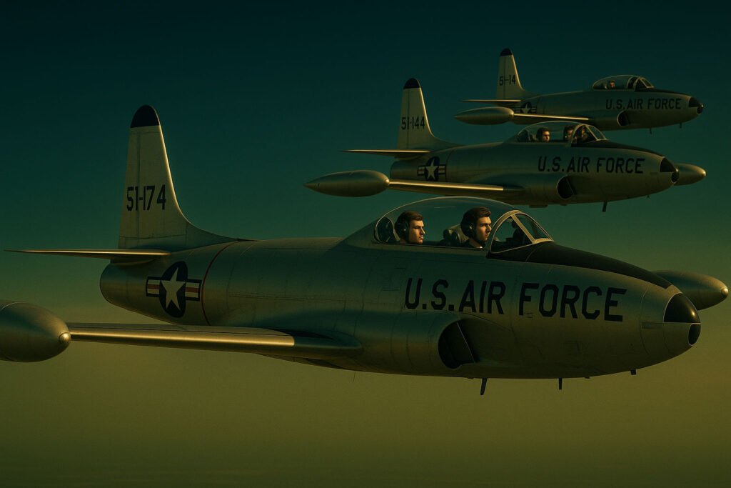 Formação de T-33 Shooting Star em voo de treinamento representando a nova geração de pilotos de jatos.