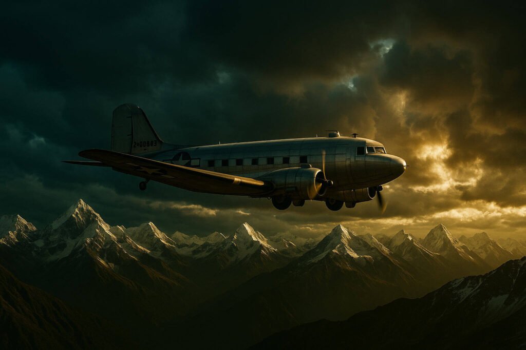Um avião de transporte C-47 Dakota voando sobre os picos nevados do Himalaia durante a missão "The Hump".
