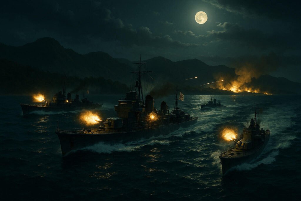 Destróieres japoneses do Tokyo Express navegando em alta velocidade durante a noite em Ironbottom Sound, Guadalcanal.