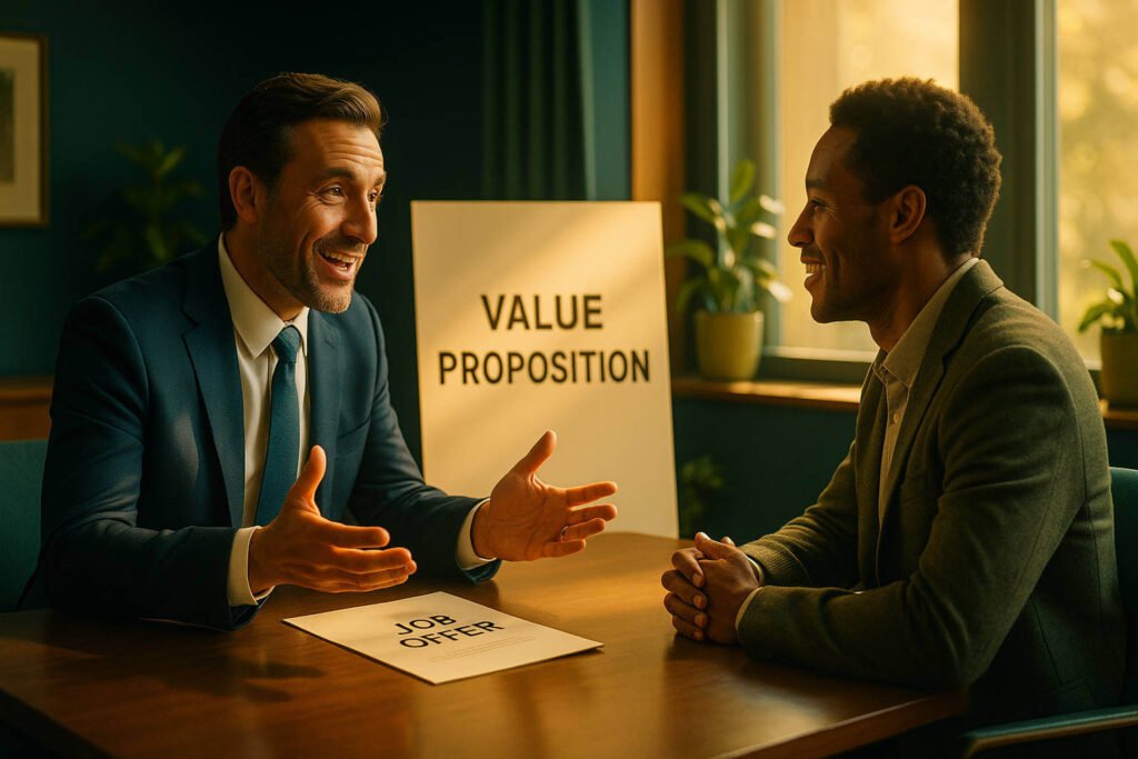 Gestor apresentando uma oferta de emprego como uma Proposta de Valor, focando em missão e crescimento para o candidato.