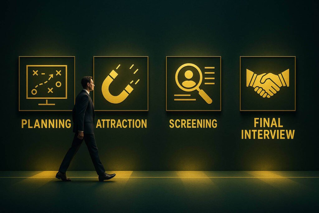 Infográfico mostrando as 4 etapas do recrutamento e seleção: Planejamento, Atração, Triagem e Entrevista Final.