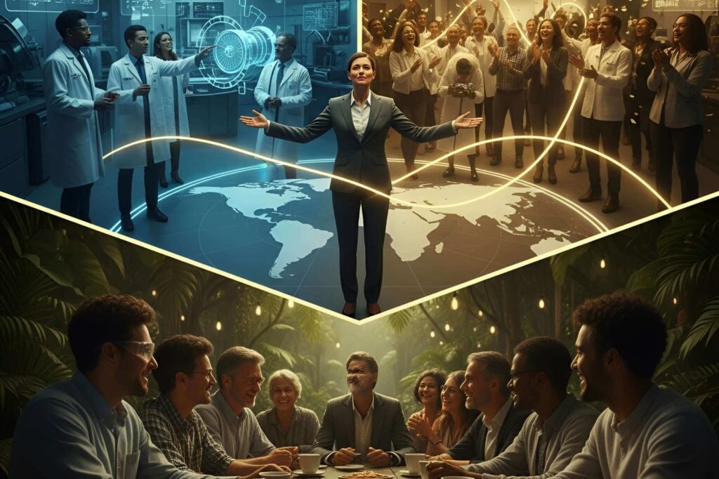 Conceito visual das três "moedas da confiança": competência técnica (Alemanha), resultados (EUA) e relação pessoal (Brasil).