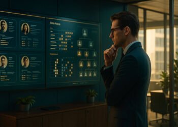 Gestor de RH estratégico otimizando o processo de recrutamento e seleção em uma sala de controle de alta tecnologia, simbolizando a arquitetura de capital humano.