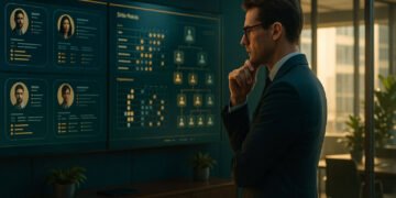 Gestor de RH estratégico otimizando o processo de recrutamento e seleção em uma sala de controle de alta tecnologia, simbolizando a arquitetura de capital humano.