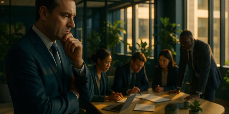 Líder aplicando princípios de psicologia organizacional ao observar sua equipe colaborativa em um ambiente de trabalho moderno.