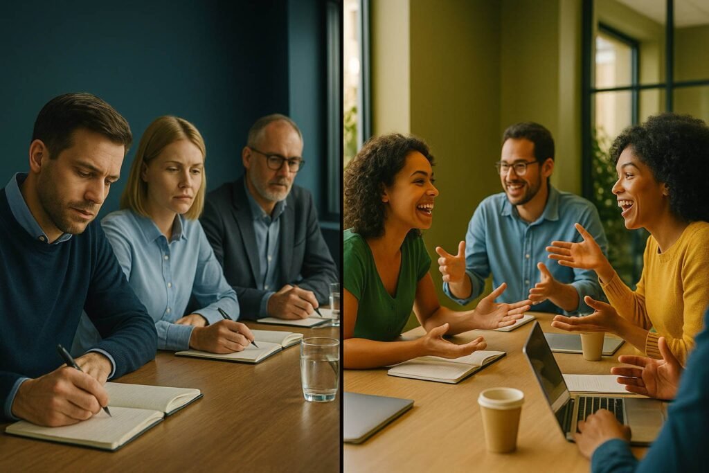 Contraste visual entre uma reunião de equipe alemã, e uma equipe brasileira.