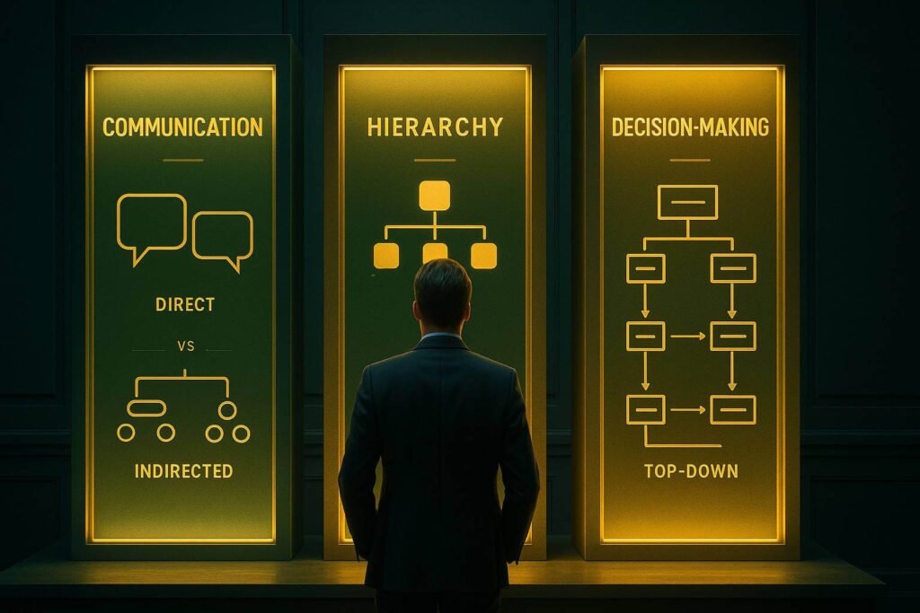 Líder analisando um framework visual com os três eixos da cultura: Comunicação, Hierarquia e Tomada de Decisão.