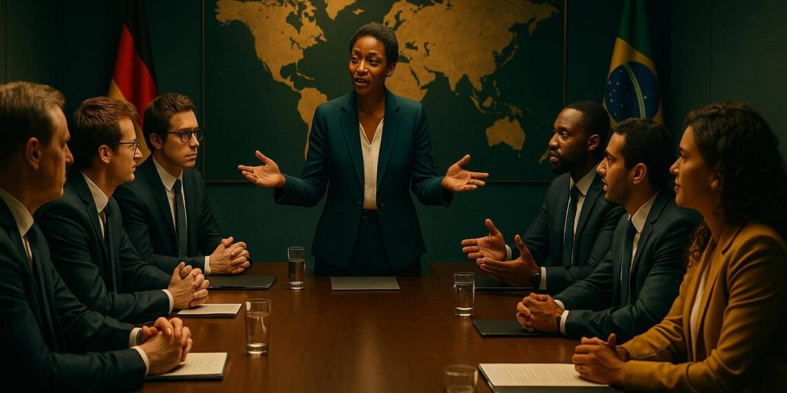 Líder global em uma reunião de liderança multicultural, atuando como um tradutor cultural entre equipes alemãs, americanas e brasileiras.