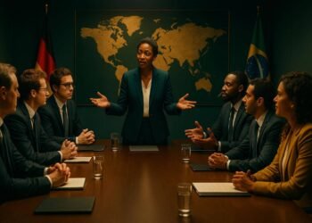 Líder global em uma reunião de liderança multicultural, atuando como um tradutor cultural entre equipes alemãs, americanas e brasileiras.