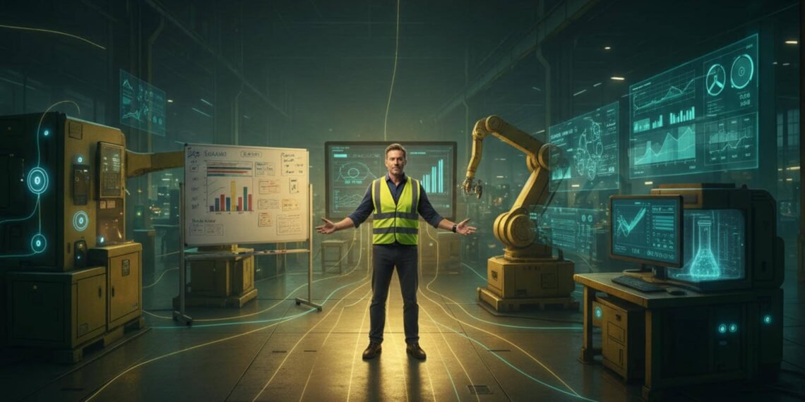 Líder industrial no centro de um chão de fábrica, integrando o mundo analógico do Lean Manufacturing com o universo digital da Indústria 4.0.